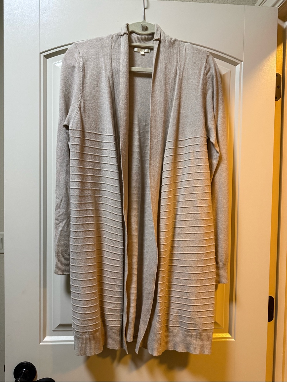 Open-Front Light Beige Ribbed Longline Cardigan
